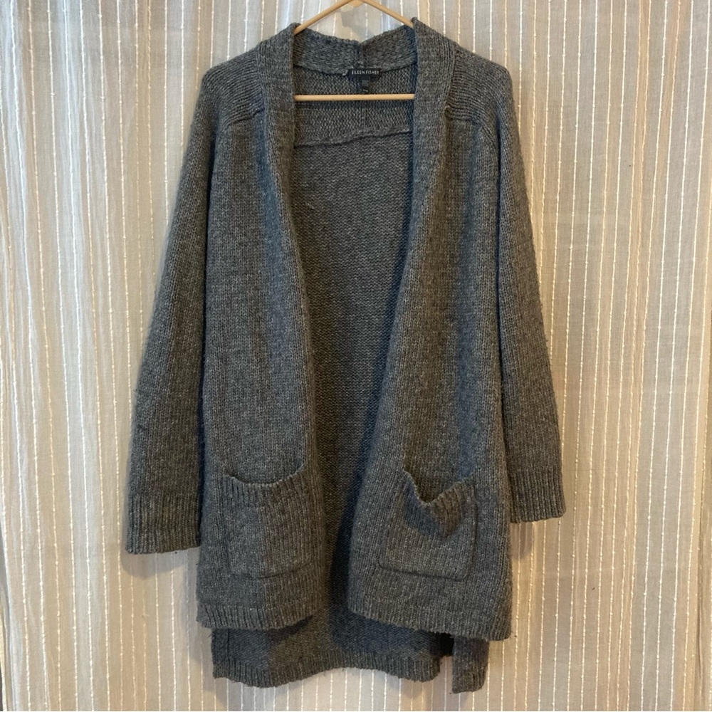 Wool alpaca and silk grey Eileen Fisher sweater cardigan Medium with pockets